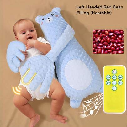 Almohada relajante para bebés con relleno de frijoles rojos y mando a distancia Baby Sleeping Palm. Almohada relajante para bebés con música incorporada y oso azul.