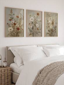 3 Pieces Wildflower Wall Art Posters Flowers Hanging Paintings Botanical Wall Arts Vintage Wall Artwork Wall Prints Aesthetic Wall Picture Nordic Poster Set Living Room Wall Decor Mother's Day Gift No Frame - Beige - View 3