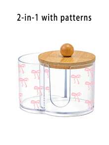 Pink Bow Pattern 2-In-1 Bamboo Lid Transparent Plastic Storage Box, Desktop Cosmetic Organizer Box With Dual Round Holes, Transparent Dual-Compartment Makeup Organizer - Multicolor - View 13