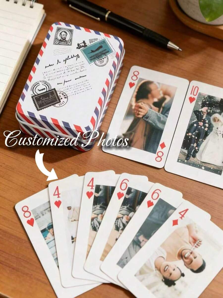 1set/54pcs Personalized Customized Game Cards, Can Be Customize 6 Photos,Poker Game Cards With Photos, Customized Poker Sets, Personalized Photo And Text Game Cards, Personalized Game Cards, Customized Game Cards, Anniversary Gifts, Anniversary Gifts, Valentine's Day Gifts, Wedding Souvenirs, Wedding Poker Cards, Mother's Day Gifts - Light Grey - View 1