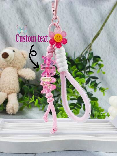 1 pieza Llavero personalizado con cara sonriente - Texto personalizado en cuerda trenzada con cuentas acrílicas y colgante de flor, llavero de cuerda de moda para mujer, regalo de cumpleaños personalizado
