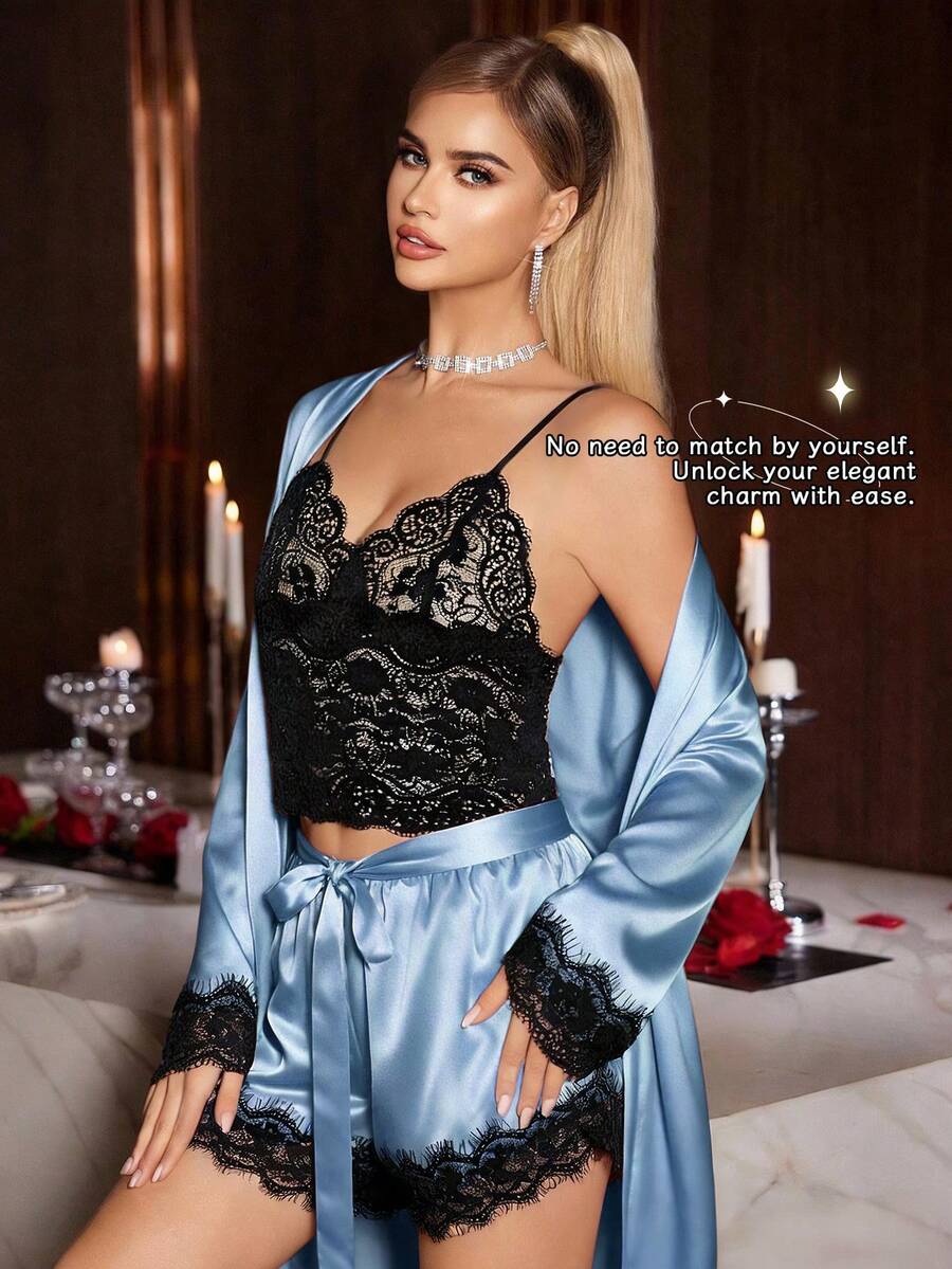 Women's Sexy Satin Lace Lingerie Set – Wine Red Nightwear With Robe , Bralette, Shorts & Panty For Romantic Atmosphere - 水鴨藍 - 查看 1
