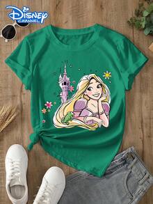 Disney Lady's T-Shirt, Featuring The Cartoon Pattern Of Disney's Princess Rapunzel. The Fabric Is Soft, Comfortable And Durable. This Is A Summer/Winter Women's Round-Neck T-Shirt, Suitable For Daily Wear, Going Shopping, Parties, And Gatherings. It Is Also More Suitable As A Daily Outfit Or As A Gift. - 綠色 - 查看 1