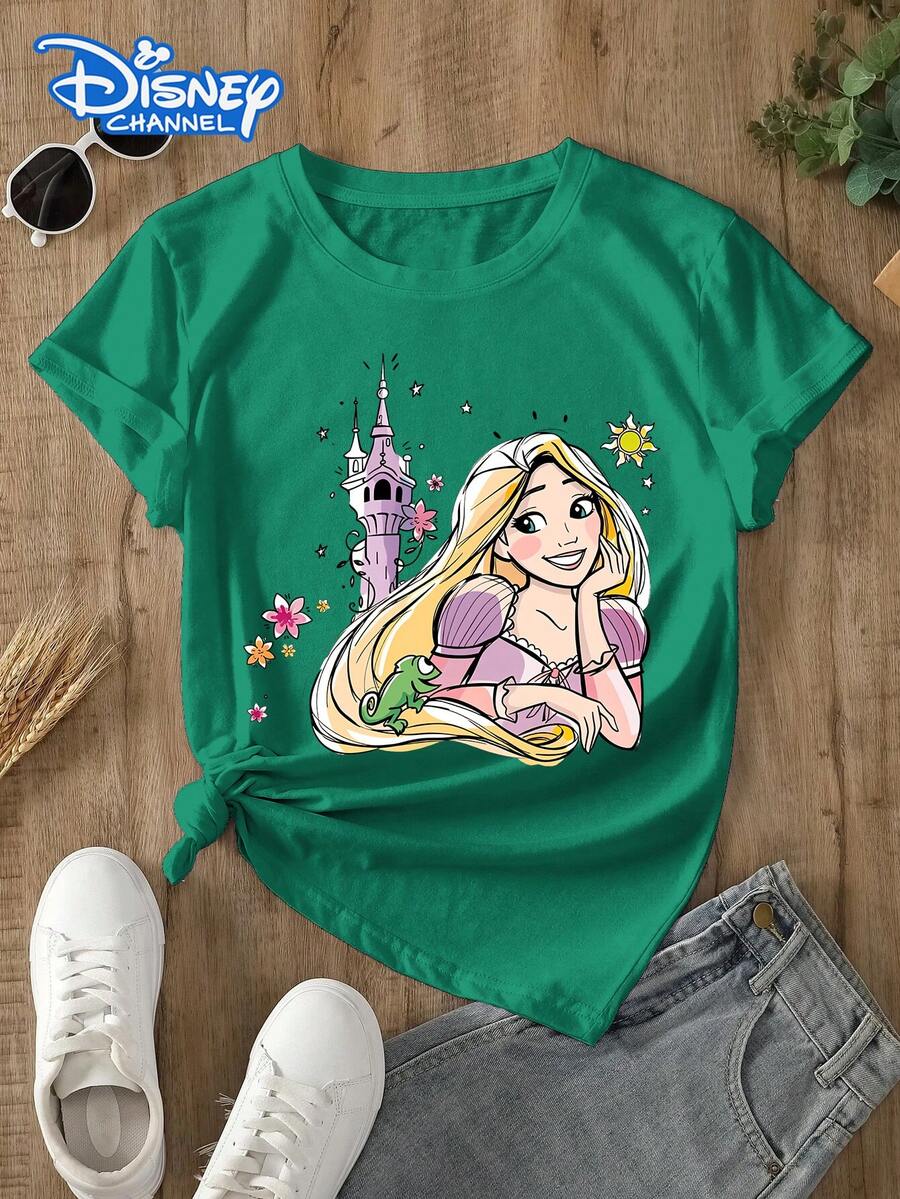 Disney Lady's T-Shirt, Featuring The Cartoon Pattern Of Disney's Princess Rapunzel. The Fabric Is Soft, Comfortable And Durable. This Is A Summer/Winter Women's Round-Neck T-Shirt, Suitable For Daily Wear, Going Shopping, Parties, And Gatherings. It Is Also More Suitable As A Daily Outfit Or As A Gift. - 綠色 - 查看 1