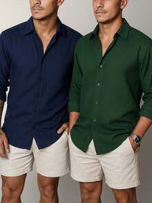 Set Of 2 Men's Long-Sleeved Linen Dress Shirts, Old Money Style, Viscose Linen, Cool, Casual, Italian Collar, Elegant - 綠/藍 - 查看 10