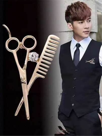 Jewelry Hairstylist Brooch, Rhinestone Barber Lapel Pin, Scissors & Comb Decor Brooch For Men And Women
