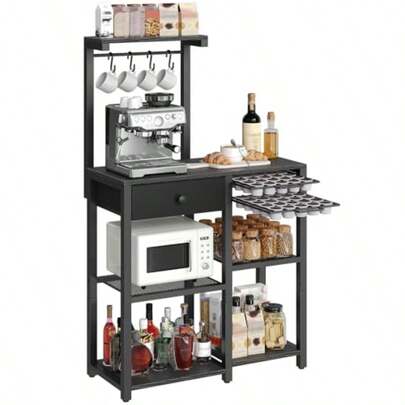 Bakers Rack With Storage 5-Tier Coffee Bar Station With Drawer Kitchen Coffee Stand With Pod Drawer Holder For Living Room Home Cafe Kitchen Black KF60BBY1