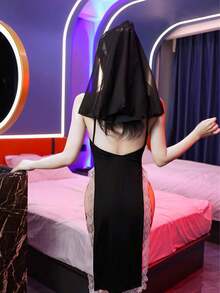 新款三件套服装（高开衩连衣裙+头纱+紧身裤），角色扮演蕾丝无缝连衣裙，高开衩睡衣套装，夜店表演服，女士服装 - 黑色 - 查看 3