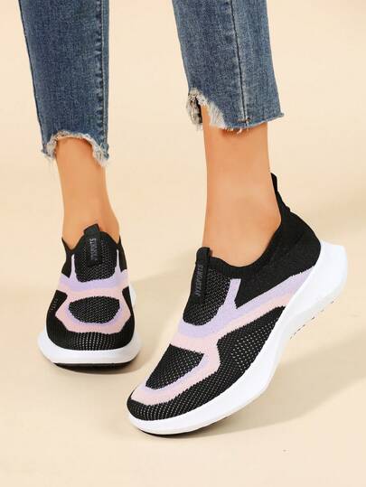 女士撞色针织套脚步行鞋，软底多功能通勤运动鞋