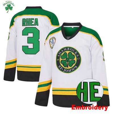 MEAN MACHINE 男女通用款 #3 Ross The BOSS Rhea's Shamrocks 绿色刺绣白色冰球球衣，带 EMHL 徽章，运动休闲冰球服，节日礼物