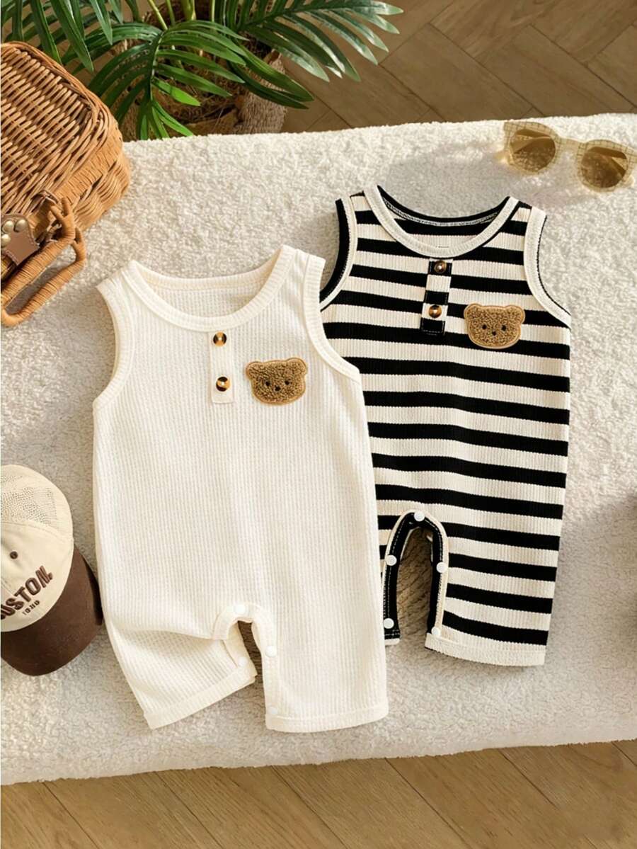 2件套新款夏季儿童仙人掌印花和纯色华夫格圆领连体衣套装 - 彩色 - 查看 1