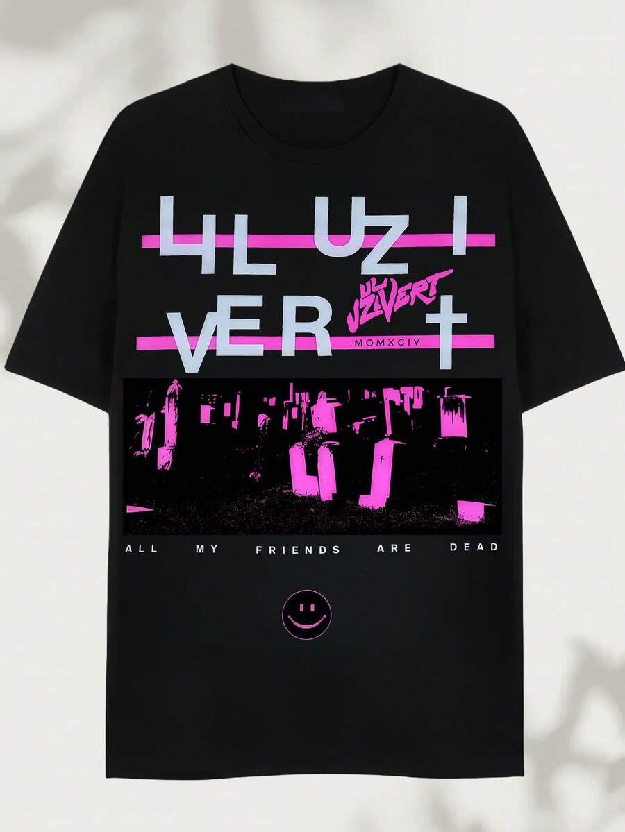 2026: Lil Uzi Verts "All My Friends Are Dead" Printed T-Shirt - Made Of Pure Cotton, It's Soft And Breathable, Suitable For Both Men And Women. It's A Casual Shirt Suitable For All Seasons And A Stylish Souvenir. It's Perfect For Everyday Wear, Streetwear Enthusiasts, And Music Lovers. - Black - View 1