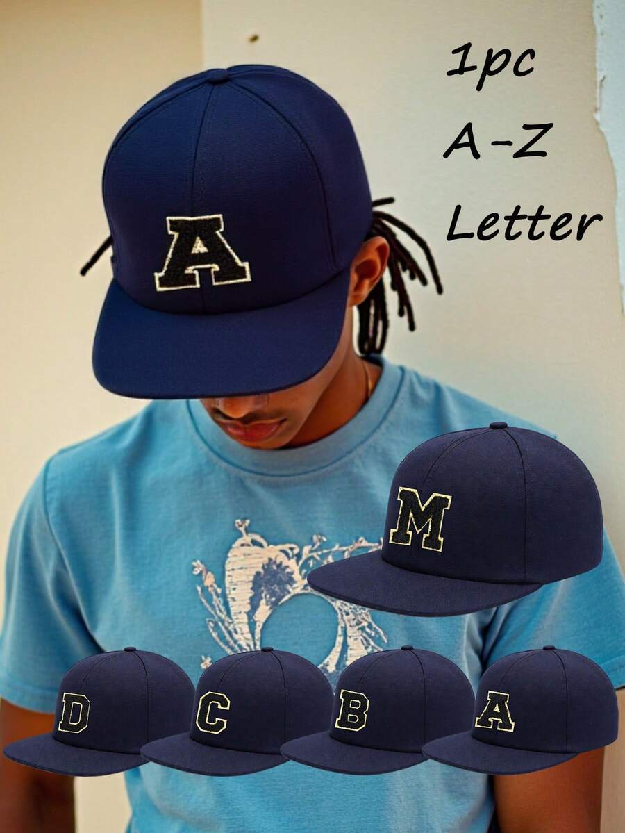 1顶男女通用个性化A-Z字母嘻哈棒球帽，可调节平沿棒球帽，经典平沿帽，透气嘻哈帽，适合日常休闲街头嘻哈风格 - 藏蓝色 - 查看 1