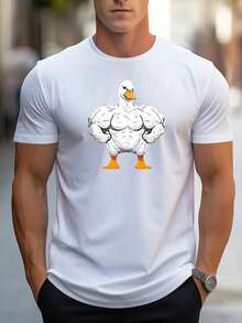 Camiseta Casual de Manga Corta con Cuello Redondo para Hombre, Diseño de Pato Muscular de Dibujos Animados, para Verano y Aire Libre - Blanco - Ver 2