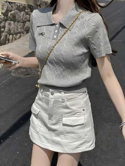 夏季新款 Polo 领针织毛衣，短袖 T 恤，女士套头衫