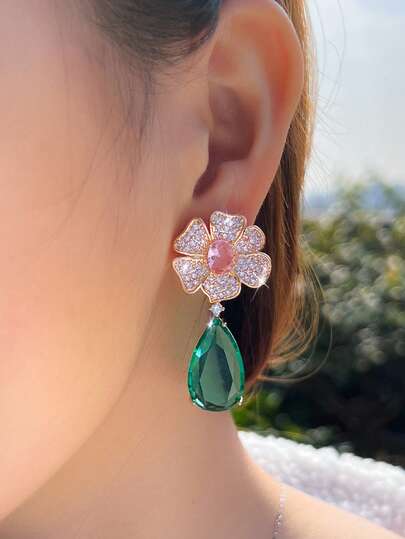 1 Pair Big Green Water Drop CZ Crystal Dangle Long Drop Pink Flower Earrings, Gold Plated Cubic Zirconia Bridal Jewelry For Women, Brides, Bridesmaids, Wedding, Engagement Party, Prom, Gift For Ladies, Girlfriends, Wife