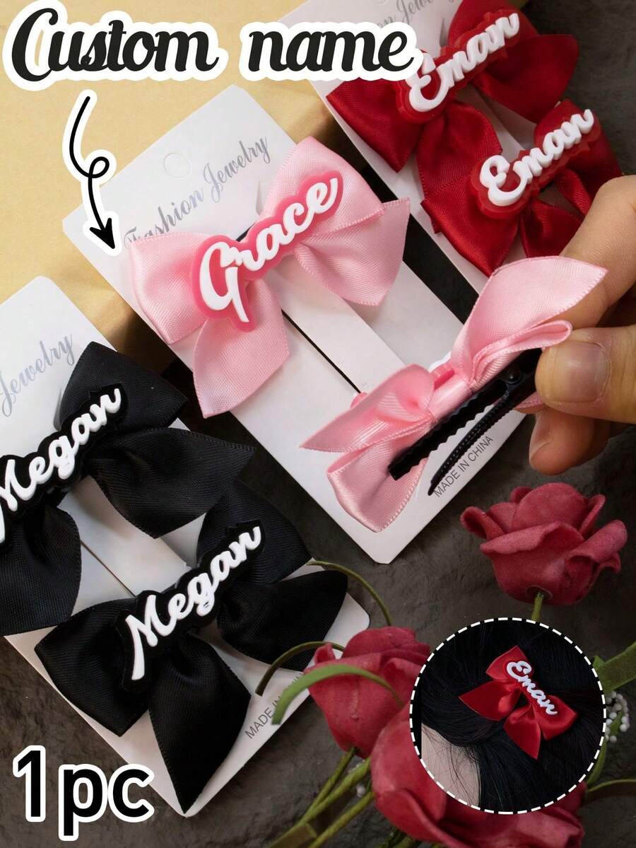 Custom Name Bow Hair Clip, Personalized Hair Accessory, Customizable Hairpin For Birthday Wedding Gift - Style a - View 1
