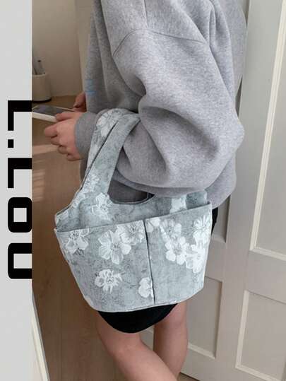 Embroidered Fabric Tote Bag, Multi-Pocket Women's Handbag, Large Capacity Commuter Bucket Bag, Suitable For Outings, Shopping, Grocery