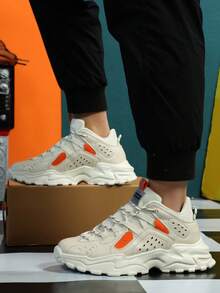 Men's Breathable Mesh Sneakers White Orange Chunky Sole Sport Shoes Lightweight Comfortable Outdoor Walking Shoes Great Gift For Men - 米色 - 查看 4