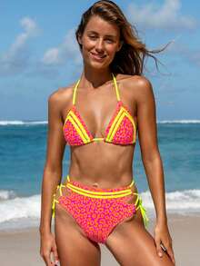 popvil Wome Halter Shell Trim Leopard Printed Mid-Rise Blackless Beach Vacation Bikini Set For Summer Holiday - Multicolor - View 3