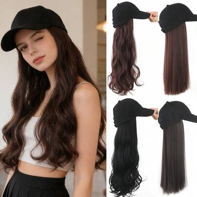 1pc 16 Inch (About 40cm) Synthetic Hair Extension Baseball Cap Wig Hat With Hairpiece, Black Color, For Women