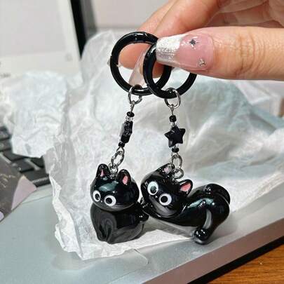 1 pieza Lindo colgante de gato negro 3D, adorable llavero de gatito de ojos grandes, pequeño regalo de de dibujos animados, accesorio de bolso