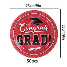 10pcs/20pcs/50pcs Red Graduation Party 9-Inch Disposable Paper Plates, Red & Black "Congrats Grad" Tableware, Red Glitter 2026 Graduation Party Plates With Mortarboard & Diploma Pattern, Suitable For High School & College Graduation Party, Commencement Night And Ball Celebration - Red - View 9