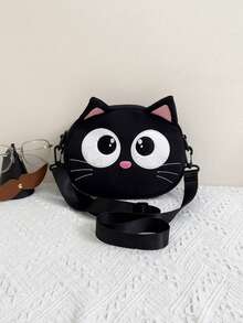 可爱卡通猫咪斜挎包，帆布休闲小单肩包，儿童迷你手机包，秋季新品 - 黑色 - 查看 9