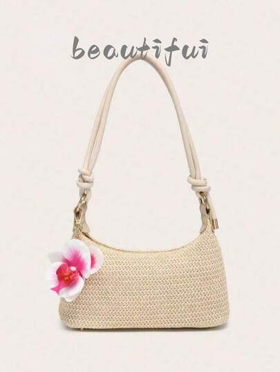 Women's Underarm Shoulder Bag, Square Bag, PU Rope Flower Pendant, Large Capacity, Lightweight, Casual Fashionable Beach Vacation Style, Suitable For Shopping And Vacation , Beach Bag, Holiday