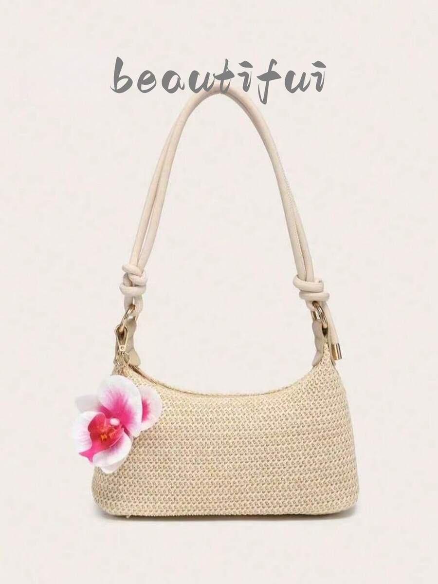 女士腋下斜挎包，方形，PU绳花朵吊坠，大容量，轻便，休闲时尚海滩度假风，适合购物和度假，沙滩包，假日包 - 米色 - 查看 1