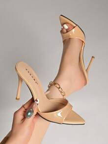 New Sexy High Heel Shoes Women Pointed Toe Lacquer Leather Mules Sandals Slip-On - Nude - View 1