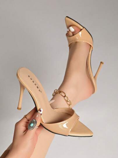 New Sexy High Heel Shoes Women Pointed Toe Lacquer Leather Mules Sandals Slip-On