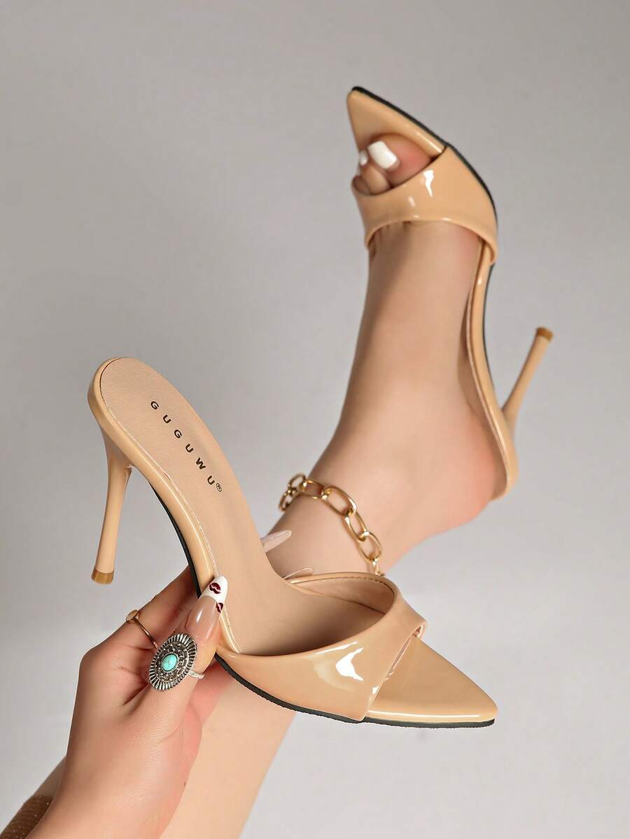 New Sexy High Heel Shoes Women Pointed Toe Lacquer Leather Mules Sandals Slip-On - Nude - View 1