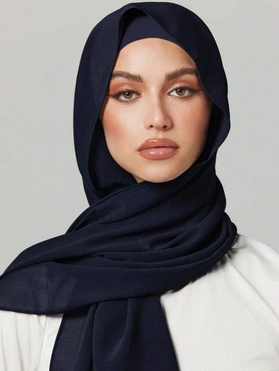 2pcs Women Scarf & Cap Set, Versatile Underscarf Cap Combo, Hijab Middle East Abaya Accessory, Elastic Underscarf Cap & Chiffon Scarf Casual Set - Navy - View 1
