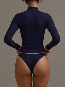 XLLAIS Áo thun dài tay cổ cao cơ bản mới năm 2025, chất liệu hai lớp co giãn ôm sát, kiểu dáng thường ngày mùa xuân. - Xanh đậm - Xem 3