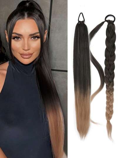 26-Inch Braided Ponytail Wig With Elastic Band, Available In Black And Brown, Suitable For Women, Straight Wrap-Around Synthetic Ponytail Wig, Soft And Natural Looking, Heat-Resistant Fiber, Suitable For Christmas, New Year, Carnival, Music Festivals And Other Occasions