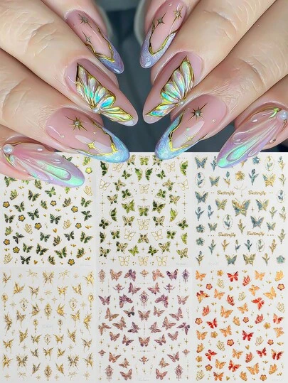 1Pc Gold/Silver Crystal Butterfly Nails Art Stickers Flower Butterfly Decals Nails Sticker Shiny Decor Self-Adhesive Decals DIY Manicure Stickers