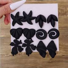4pcs-12pcs Fashion Black Teardrop Floral C-Shaped Earrings Set, Versatile Botanical Elements, Resin Material - Multicolor - View 5