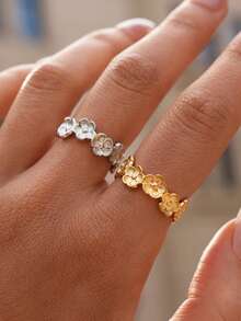 2 piezas/1 pieza Joyería de acero inoxidable de 18K con flor asimétrica calada, elegante y resistente al agua, regalo para fiesta y boda. Anillo calado exquisito y de moda, accesorio de joyería resistente al agua para uso diario y festivo - Multicolor - Ver 5