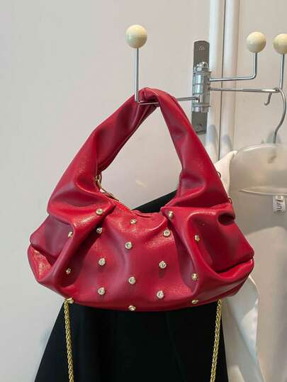 Vintage Red Rhinestone Ruched Underarm Bag, Glossy Leather Elegant Handbag, Atmospheric Shoulder Bag, Fashionable Chain Crossbody Bag, Versatile Dumpling Bag, Crescent Moon Handbag
