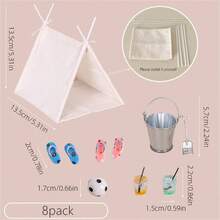 8pcs Dollhouse Mini Beach Camping Tent Set, Including Soccer Ball, Juice, Flip-Flops, And Metal Bucket Props - Camping Kit - View 5