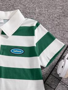 2pcs/Set Boys' Casual Striped Print Pattern Button Design Polo Collar Short Sleeve Top And Solid Color Straight Shorts, Spring/Summer - Green - View 7