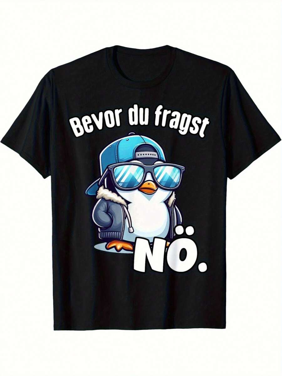 Camiseta Gráfica Vintage para Hombre - Diseño Divertido de Pingüino con Gafas de Moda y Gorra "Antes de que pidas un 'no'" - Camiseta Negra Casual de Manga Corta, Corte Holgado, Tela Resistente para Deportes al Aire Libre de Verano y Uso Casual, Diseño Divertido, Ajuste Cómodo, Ropa de Fin de Semana, Estilo Retro, Material Transpirable, Camiseta Estampada, para Amantes del Humor - Negro - Ver 1