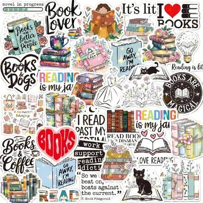 50Pcs Holographic Bookish Stickers - Shimmery Reading Book Stickers Bottles Laptops Journal Readers Scrapbook Phone - Cute Vinyl Decals Book Lover Gifts For Adults Women