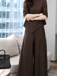 2026 Spring New Minimalist Asymmetrical Two-Piece Set – Flowy Waist-Cinching Top + Wide-Leg Trousers, Elegant Modern Luxury Women's Suit - 咖啡棕 - 查看 2
