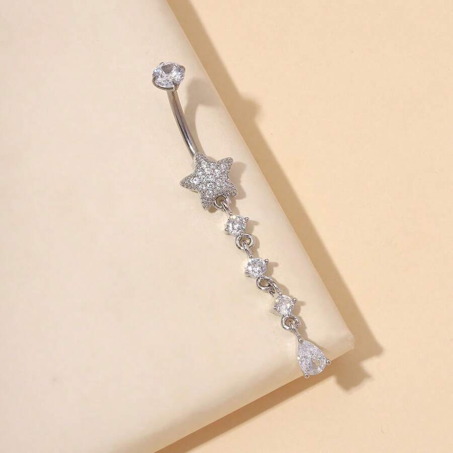 1pc Fashionable Titanium Bar Five-Pointed Star Tassel Navel Ring, Suitable For Daily Wear - Silver - View 1