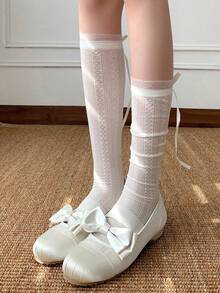 1 Pair Ribbon Sheer Thigh High Socks, Women's Thin Long Stockings, Princess Ballet Style Hollow Out, Spring/Summer - Multicolor - View 5