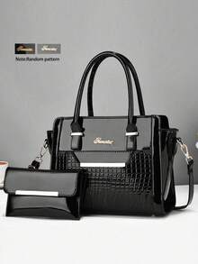 2 pièces Ensemble assorti de sac à main à la mode, design de lettres embossées, sac à bandoulière grande capacité, convient pour un usage quotidien et les rassemblements, sac fourre-tout, cadeau de vacances, fête des mères, Noël - Noir - Voir 5
