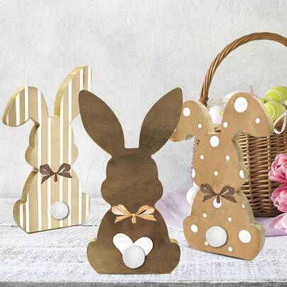 1pc Wooden Rabbit Figurine With Polka Dot Design, Suitable For Indoor/Outdoor Use, Holiday Tabletop Decor, Natural Style, Multi-Tier Tray Decoration, Spring Decor, No Electricity Required