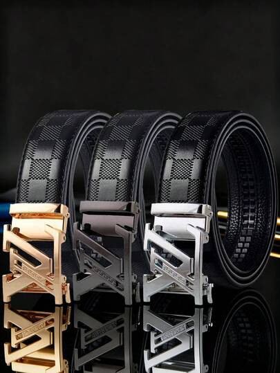 Cinturón a cuadros para hombres con hebilla automática (enchapado en oro/plata/negro), cinturón de piel de poliuretano ajustable con patrón de cuadrícula elegante, ideal para negocios y uso casual, regalo perfecto para el Día del Padre y aniversarios